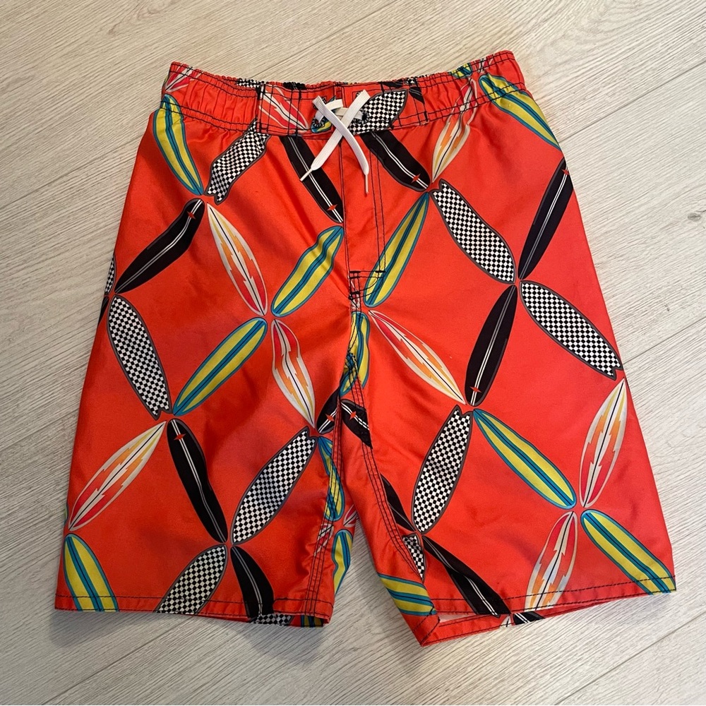 Boys Crazy 8 Swim Trunks, Size Medium (7/8), Orange with surfboards